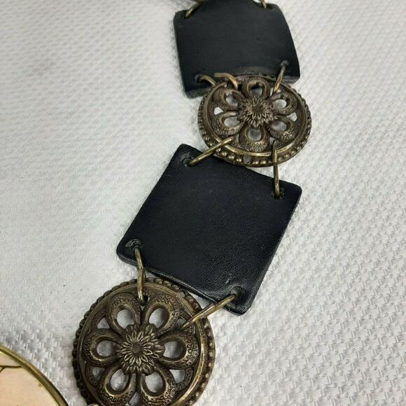 Vintage Upcycled Victorian Compact Leather Metal Belt Buckle Chain Link OSFM - Picture 4 of 8